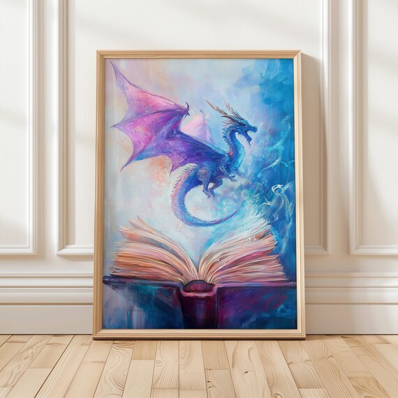 Magic Dragon Book Art Print Vibrant Fantasy Decor For Book Lovers Enchanting Wall Art