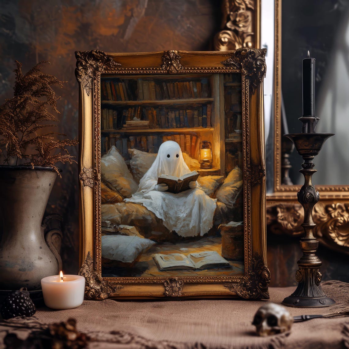 Cozy Ghost Reading Book in Spooky Library Halloween Art Poster - Image 4