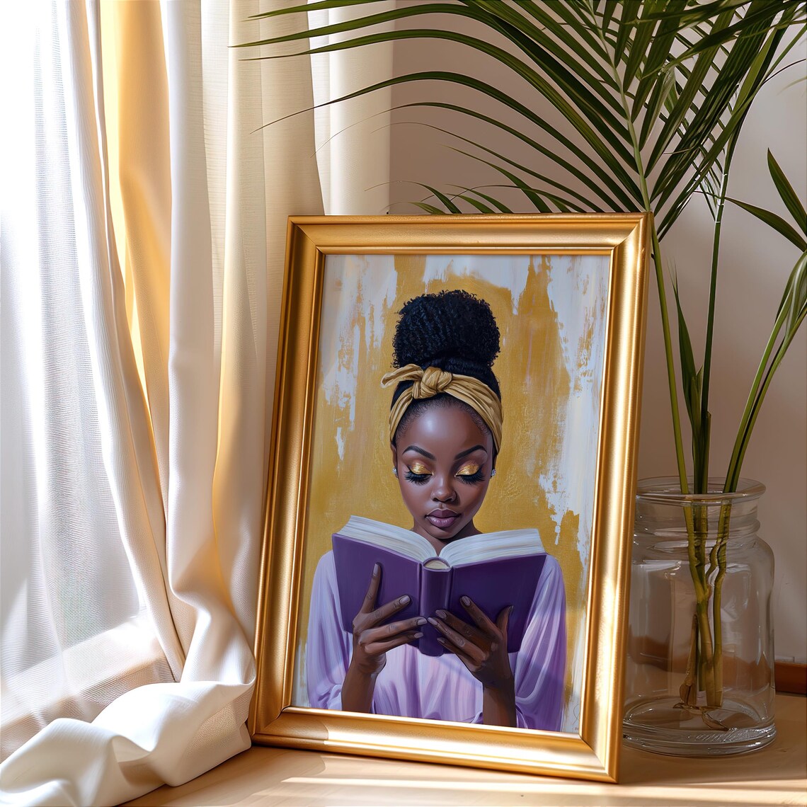 Black Woman Reading Purple Book Golden Background Art Poster - Image 3