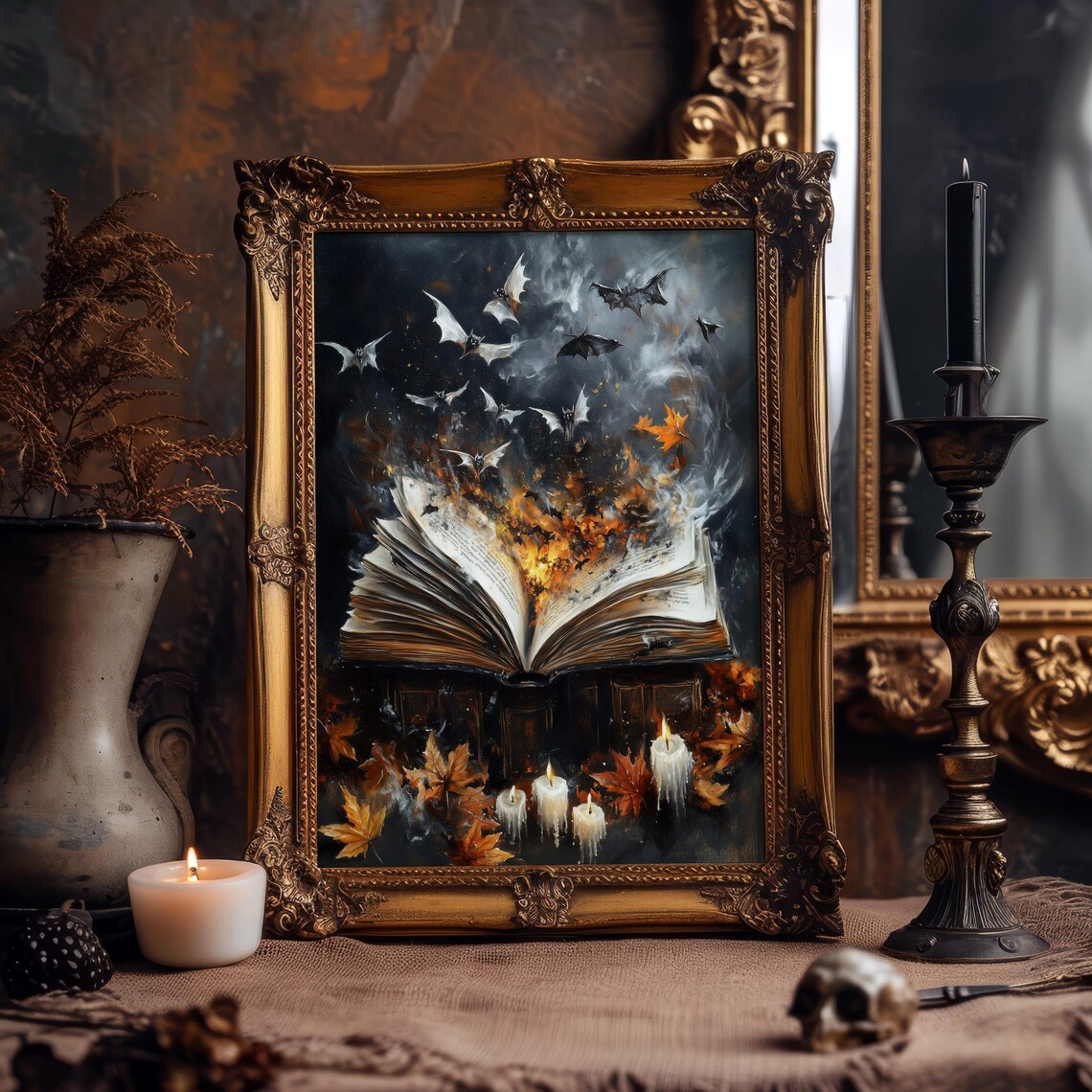 Open Magic Book with Flying Bats and Flames Dark Halloween Spell Poster - Image 3