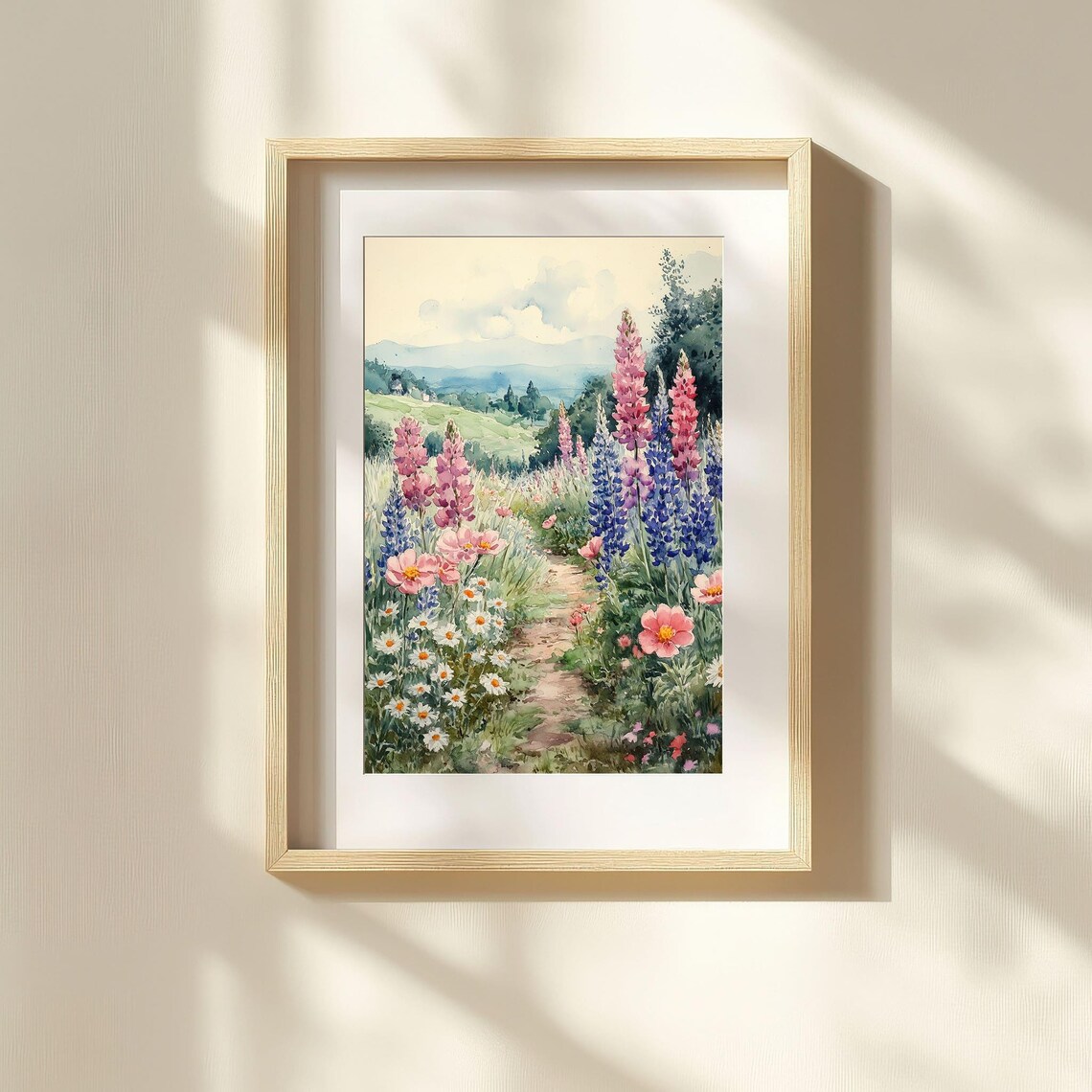 Watercolor Wildflower Path Pink Lupines Daisies Rolling Hills Spring Poster - Image 3