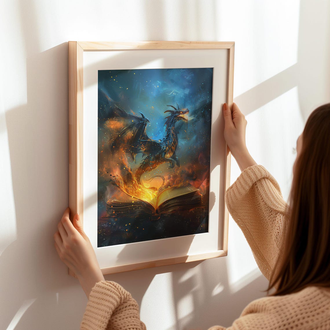 Fiery Dragon Emerging from Burning Open Book Fantasy Magic Art Poster - Image 7