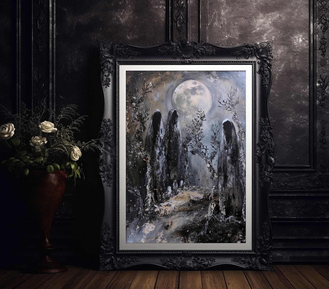 Ghosts Among Dead Trees Under Full Moon Gothic Night Art Poster - Image 4