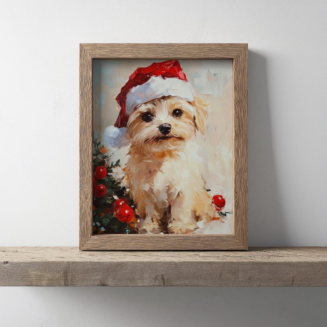 Christmas Puppy In Santa Hat Cute Dog Holiday Oil Art Poster - Image 2