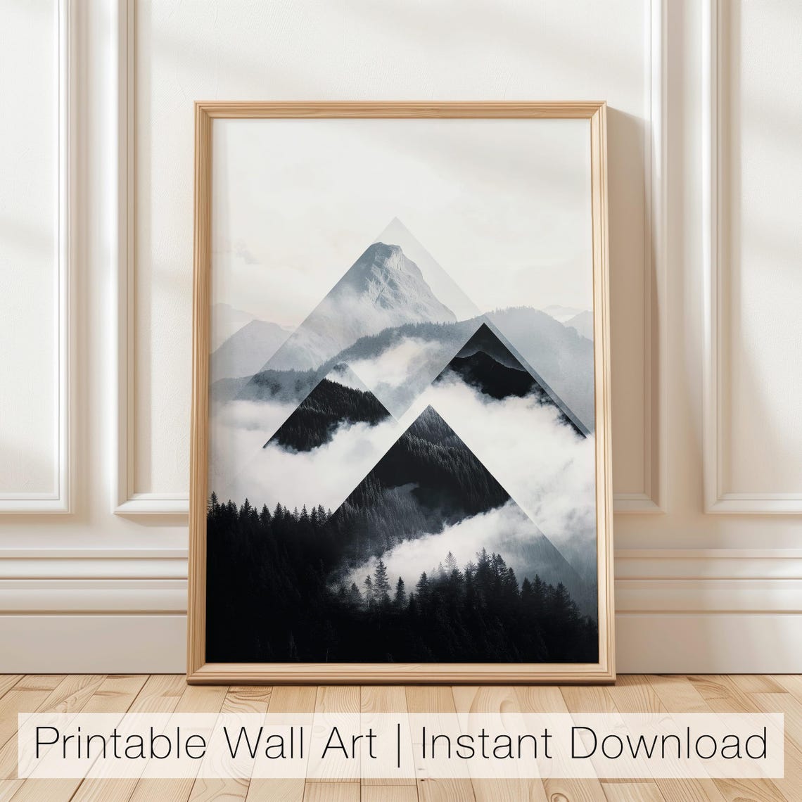 Geometric Triangle Black and White Foggy Mountain Landscape Poster