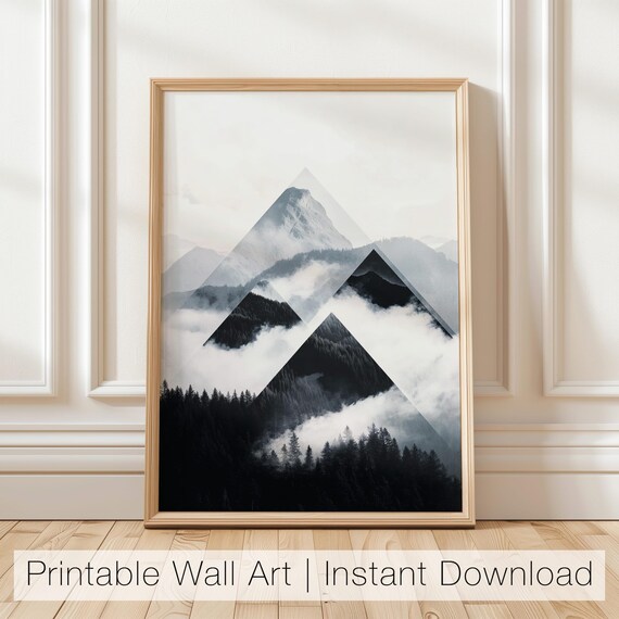 Geometric Mountain Wall Art Black And White Landscape Printable Minimalist Nature Art Modern Monochrome Decor Art Print