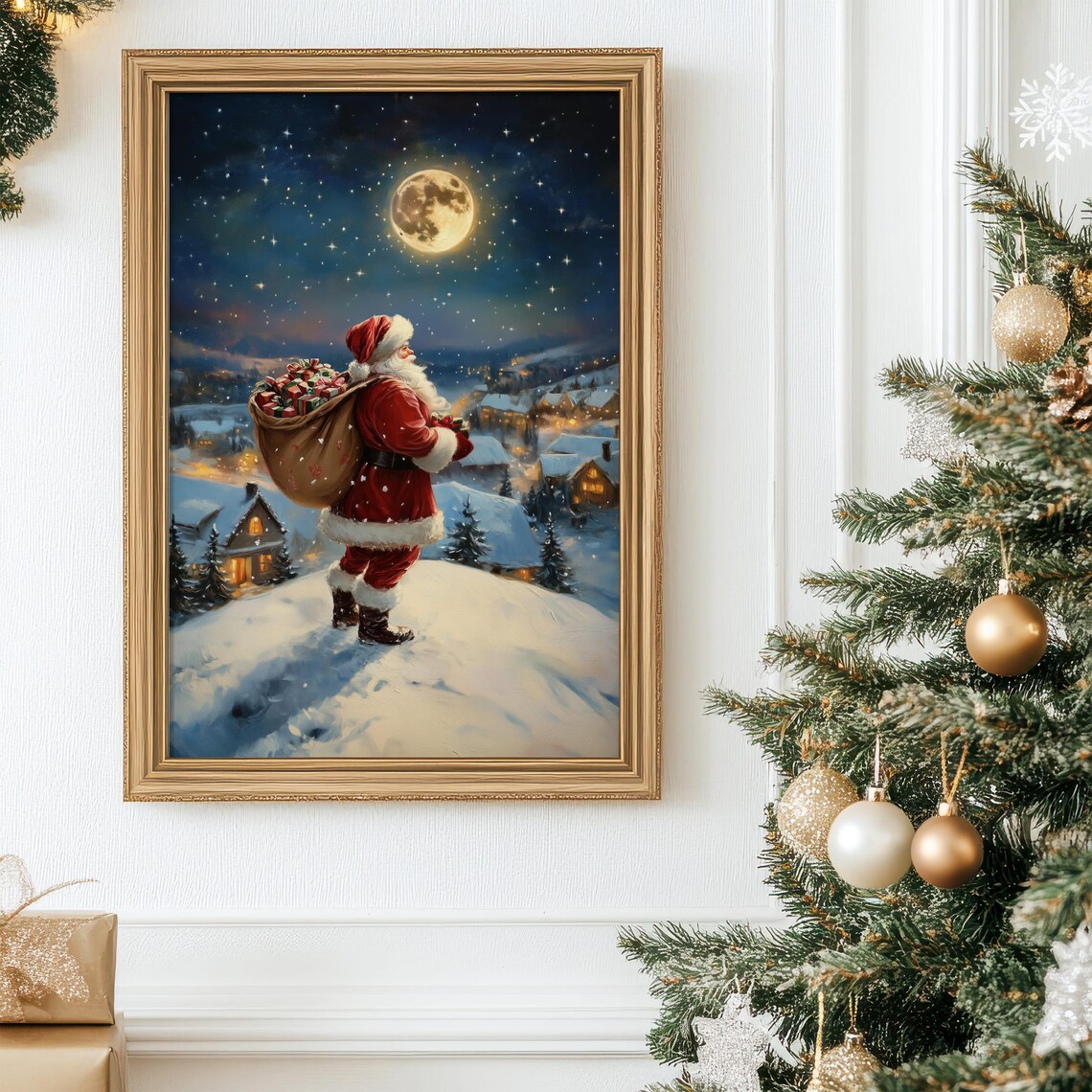 Santa Claus Christmas Night with Full Moon Art Print - Image 7
