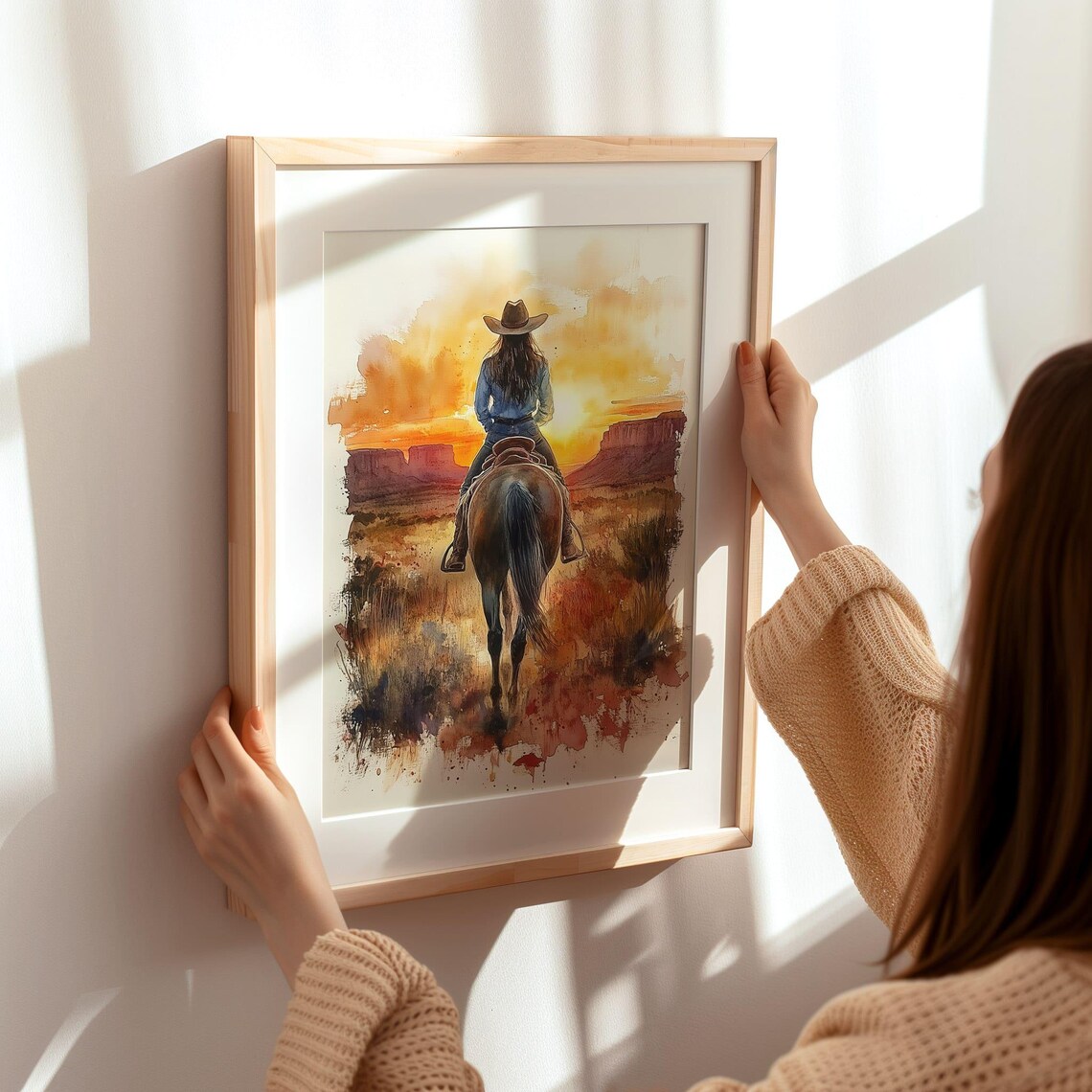 Cowgirl Riding Horse Into Sunset Desert Landscape Watercolor Poster - Image 2
