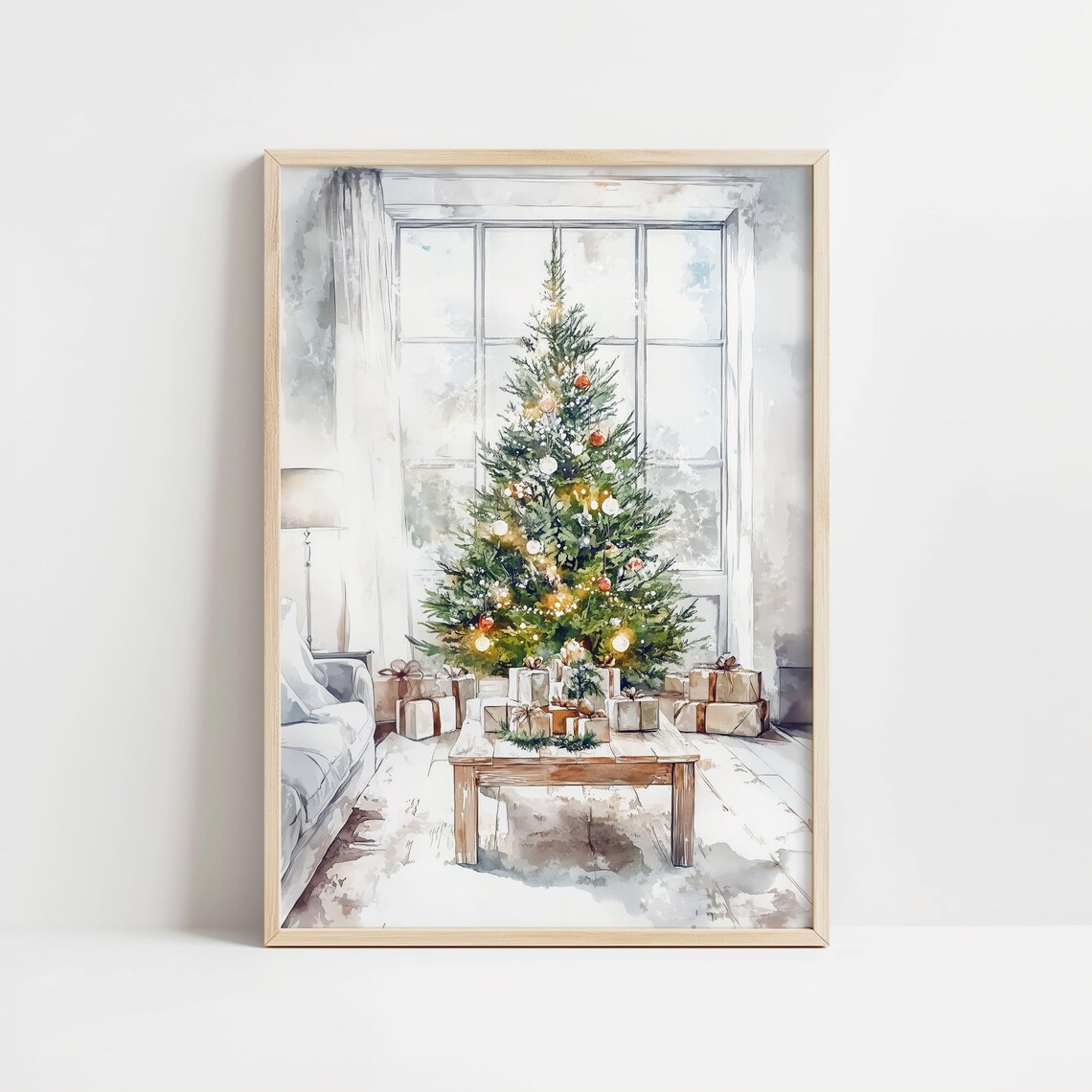 Watercolor Christmas Tree With Lights and Gifts Holiday Art Poster - Image 8