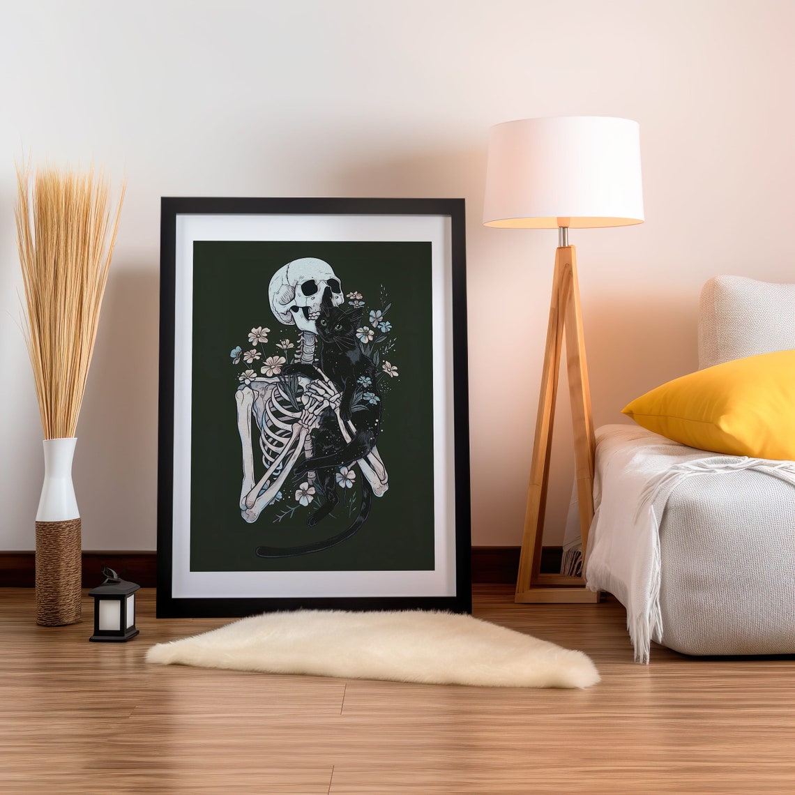 Floral Skeleton Hugging Black Cat Gothic Halloween Night Poster - Image 2