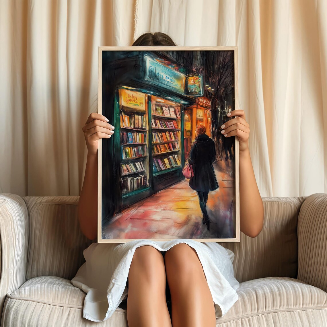 Autumn Night Bookshop Glowing Bookstore Street Scene Art Poster - Image 2