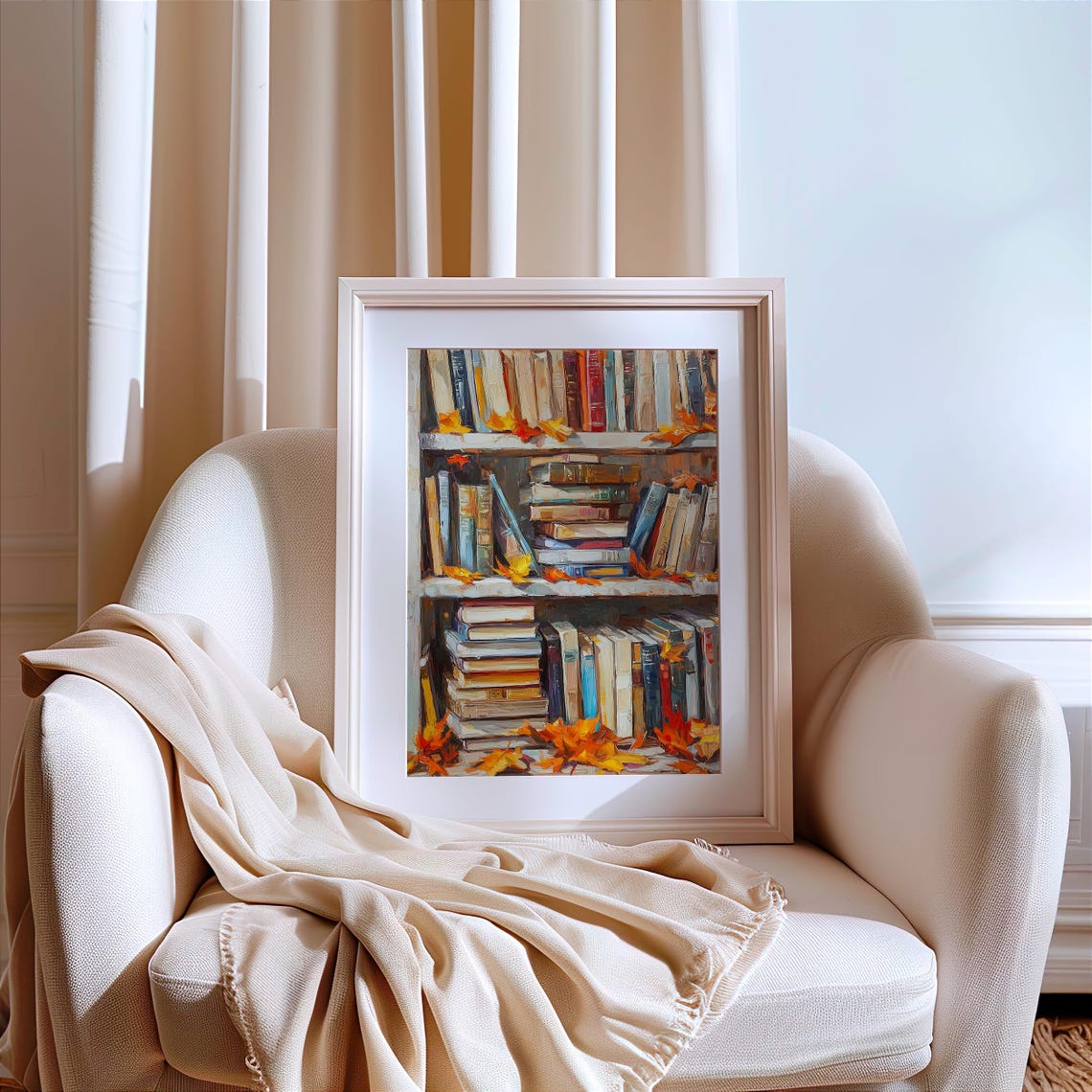 Autumn Bookshelf Painting With Fall Leaves Cozy Library Poster - Image 5