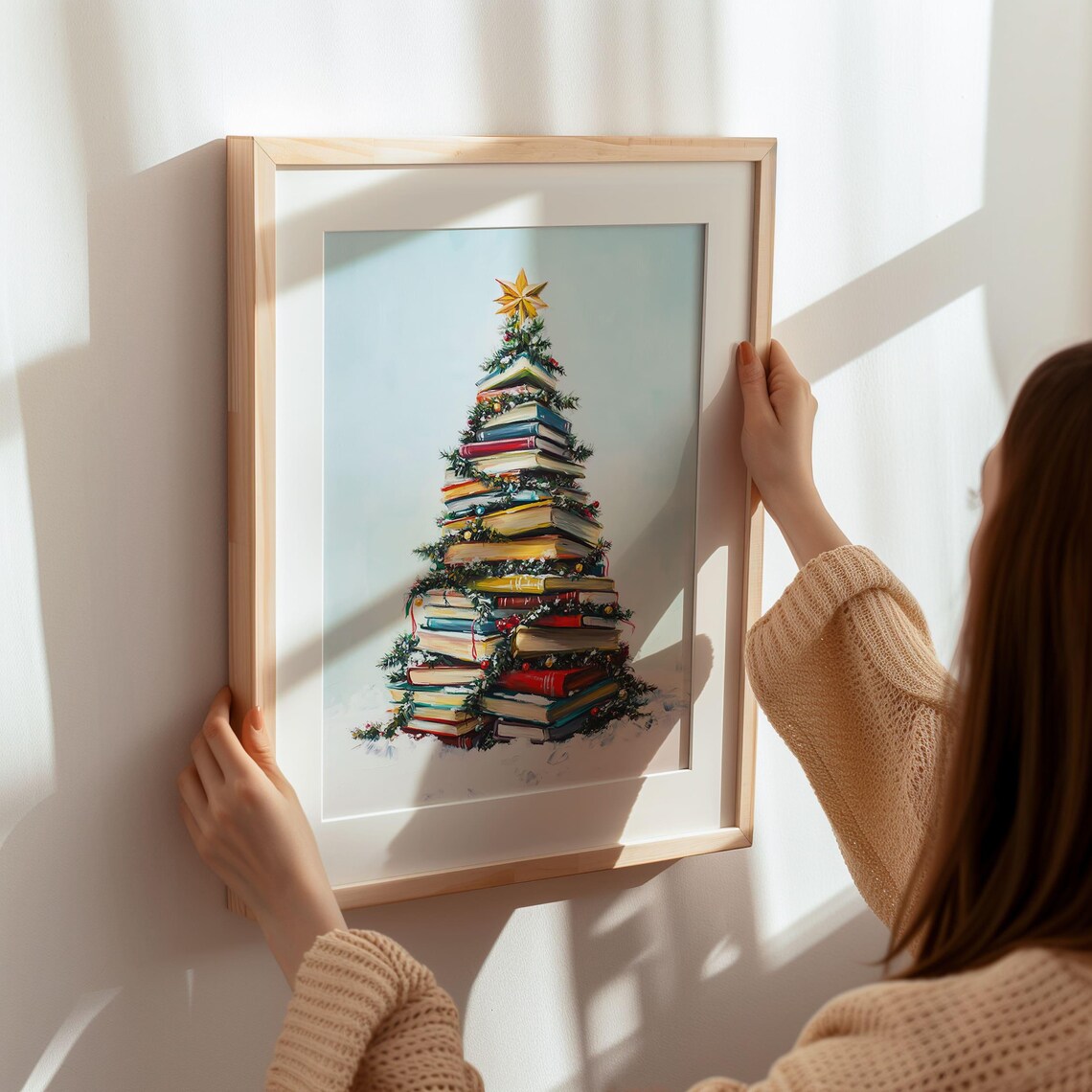 Christmas Tree Of Stacked Books Star Topper Holiday Art Poster - Image 4