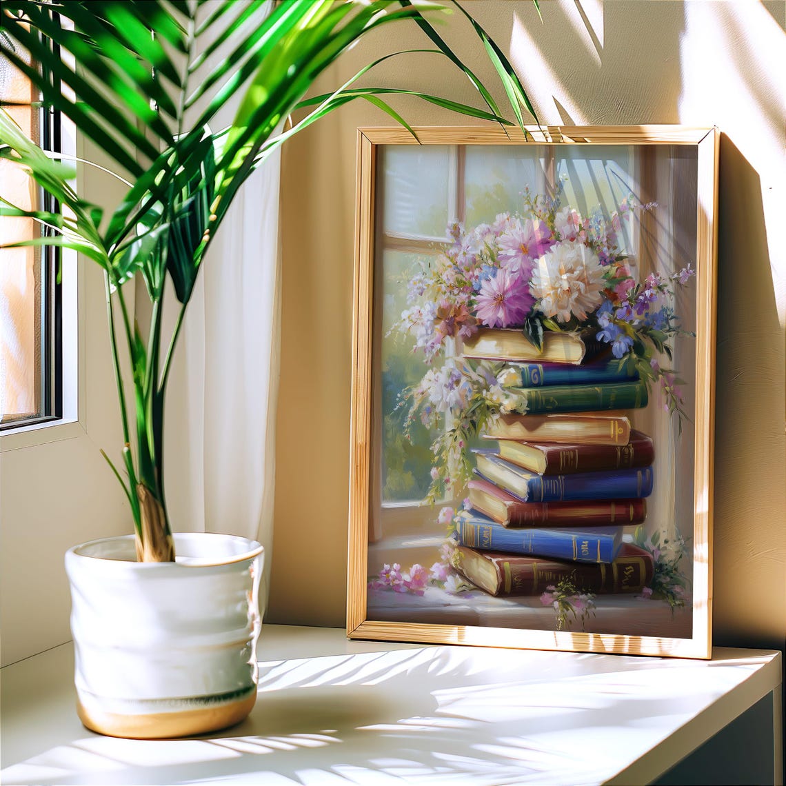 Floral Book Stack Watercolor Painting Library Reading Decor Poster - Image 2
