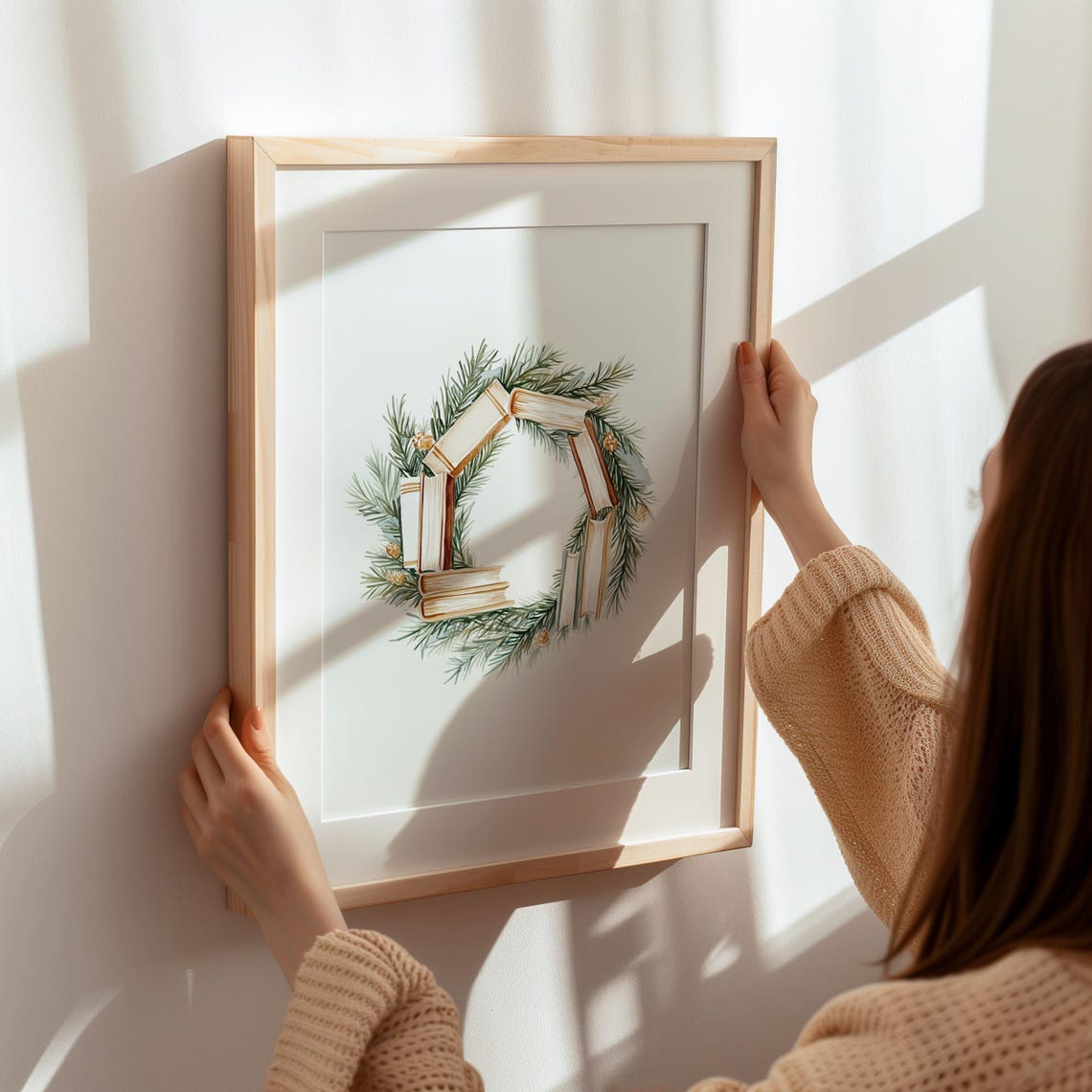 Watercolor Christmas Wreath of Books Pine Branches Holiday Poster - Image 7