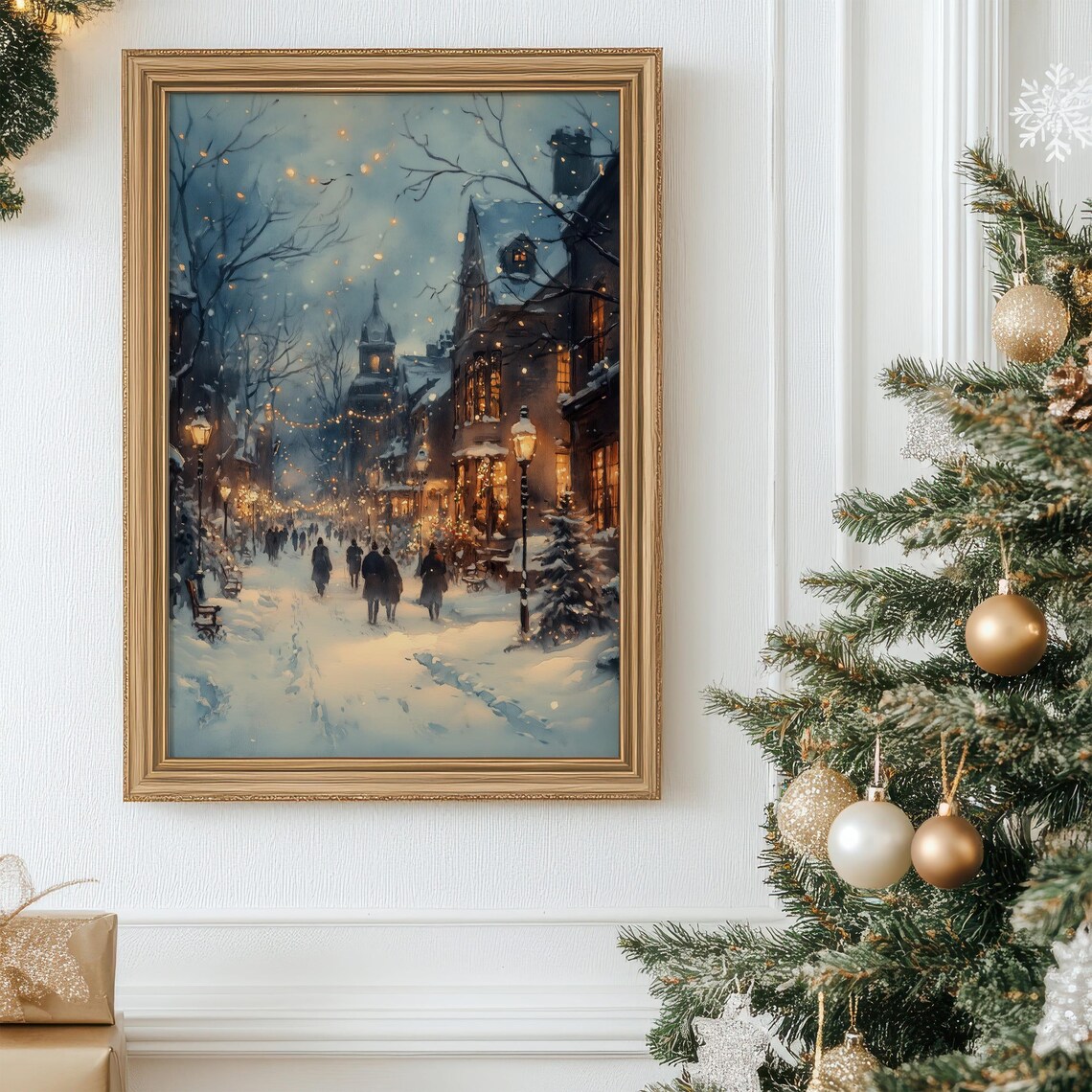 Winter Night Town Art Print, Snowy Street Holiday Decor - Image 2