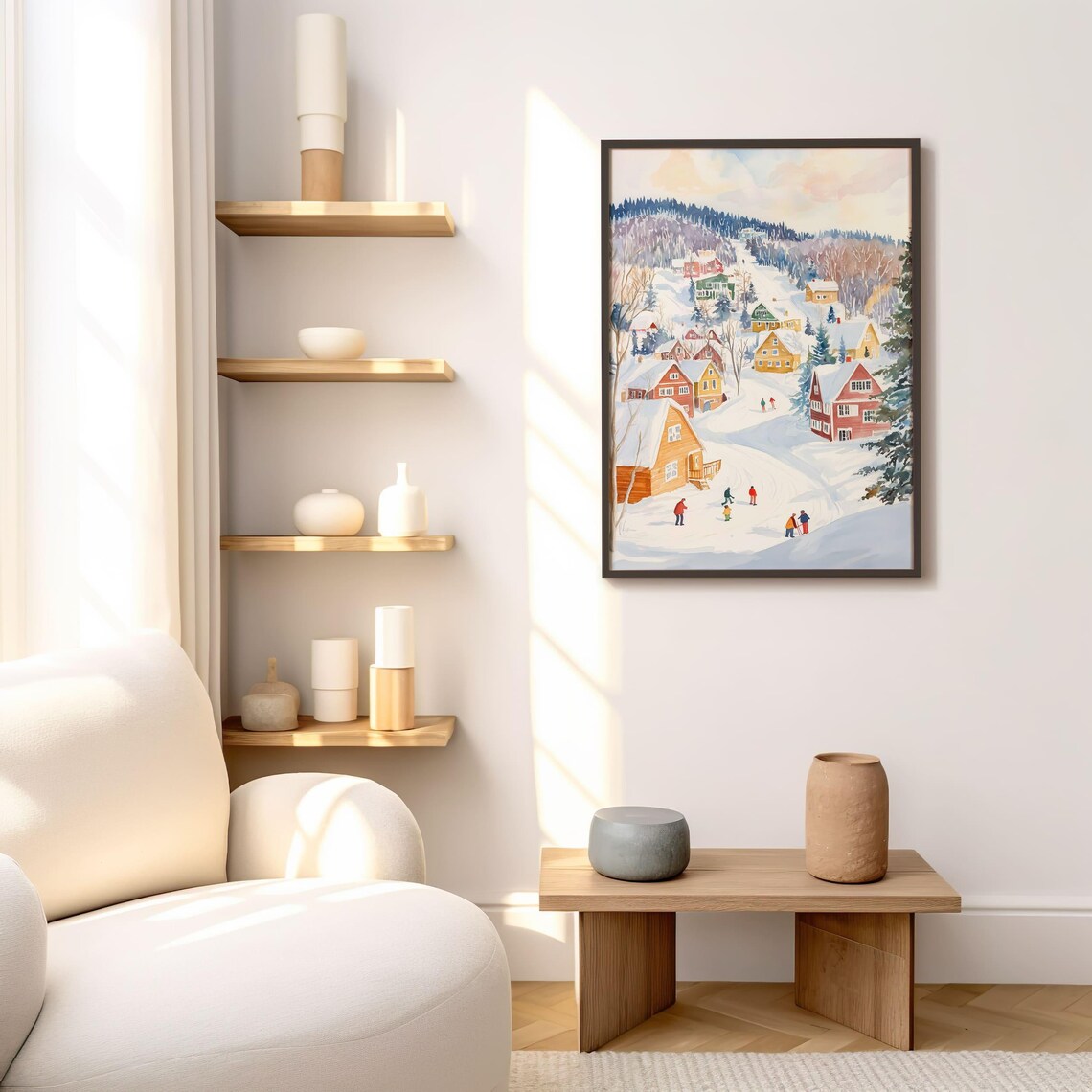 Snowy Winter Village Watercolor Ski Town Scene Holiday Art Poster - Image 2