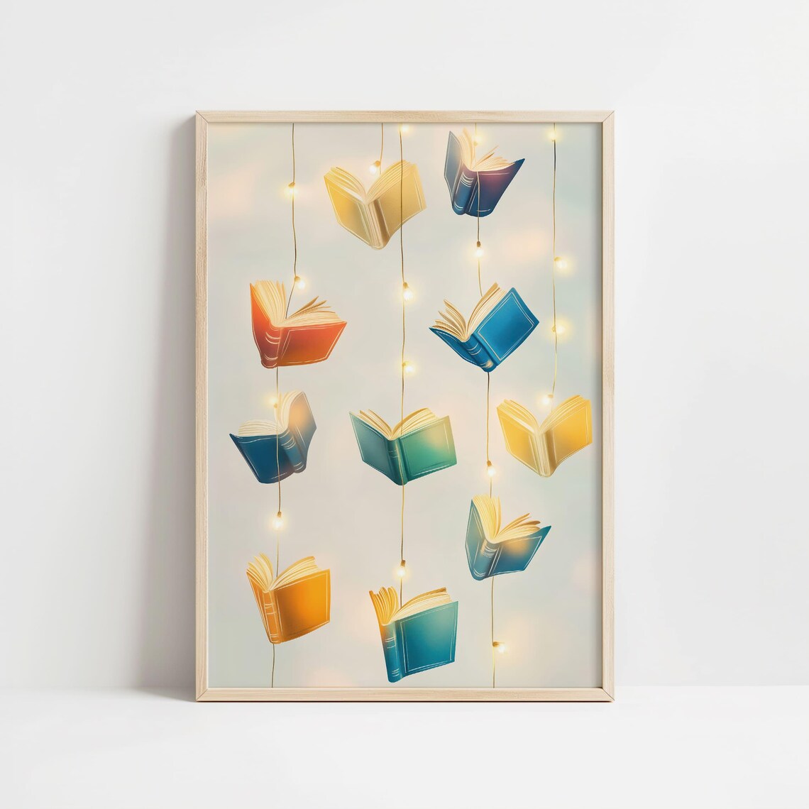 Colorful Floating Books With Fairy Lights Library Art Poster - Image 8