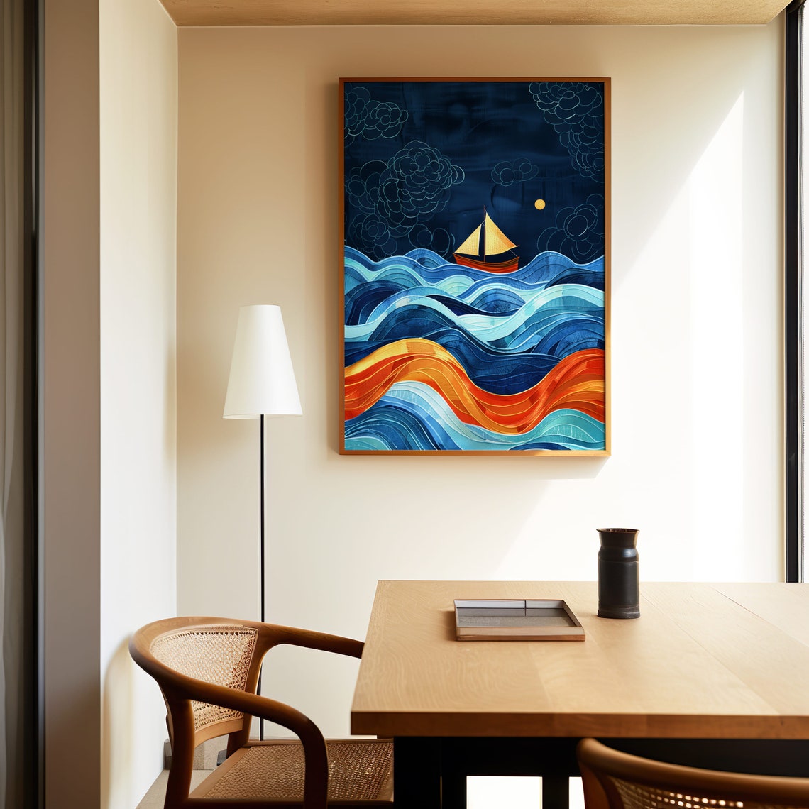 Golden Sailboat Night Waves Stylized Ocean Seascape Art Poster - Image 3