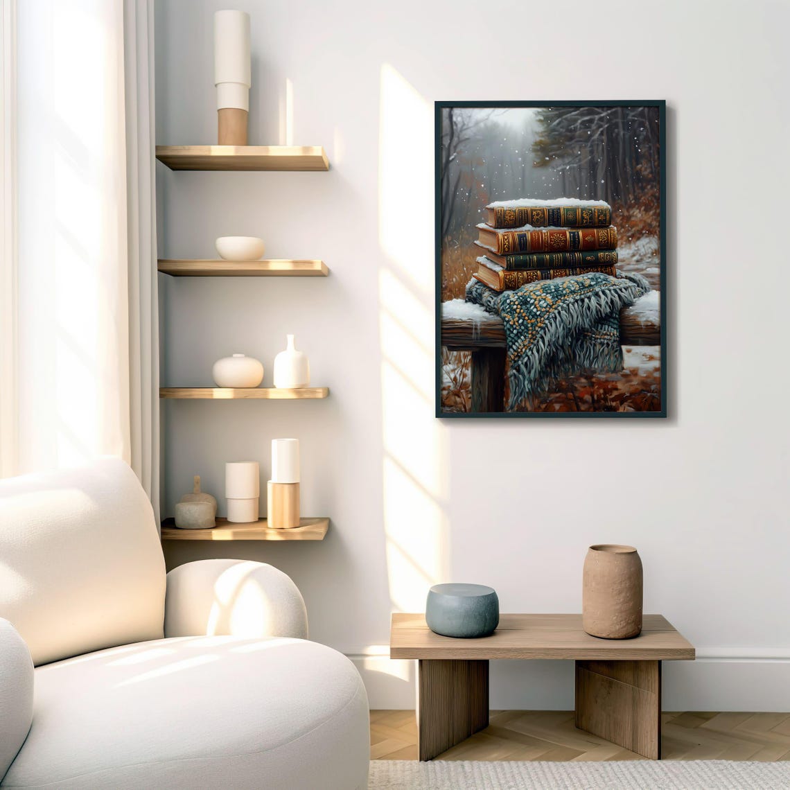Stack of Vintage Books in Snow on Wooden Bench Winter Forest Poster - Image 4