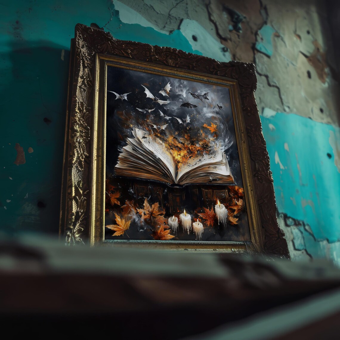 Open Magic Book with Flying Bats and Flames Dark Halloween Spell Poster - Image 2