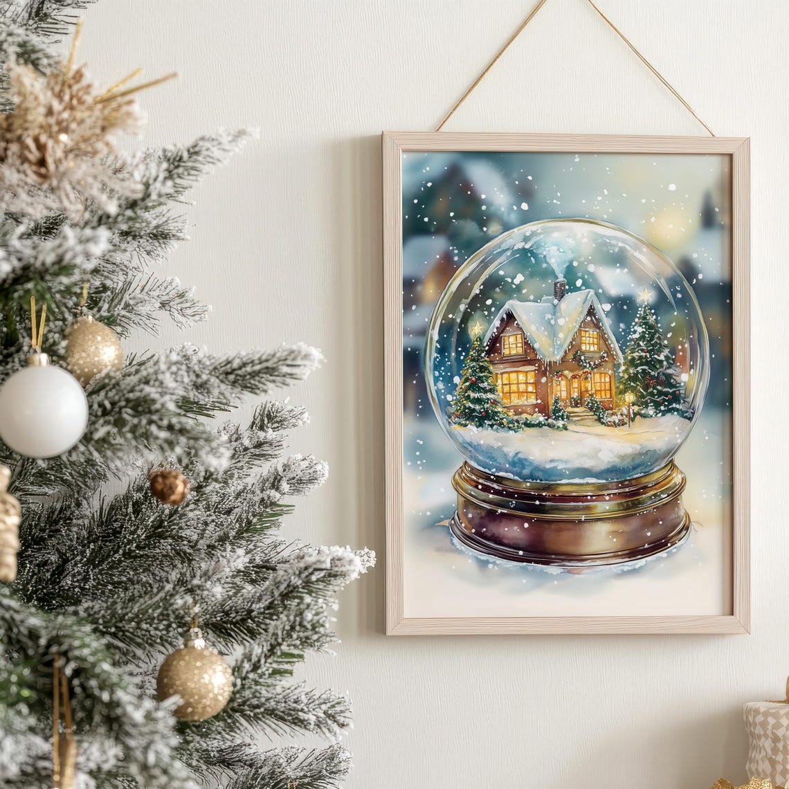 Christmas Snow Globe with Glowing Cottage and Falling Snow Art Poster - Image 7