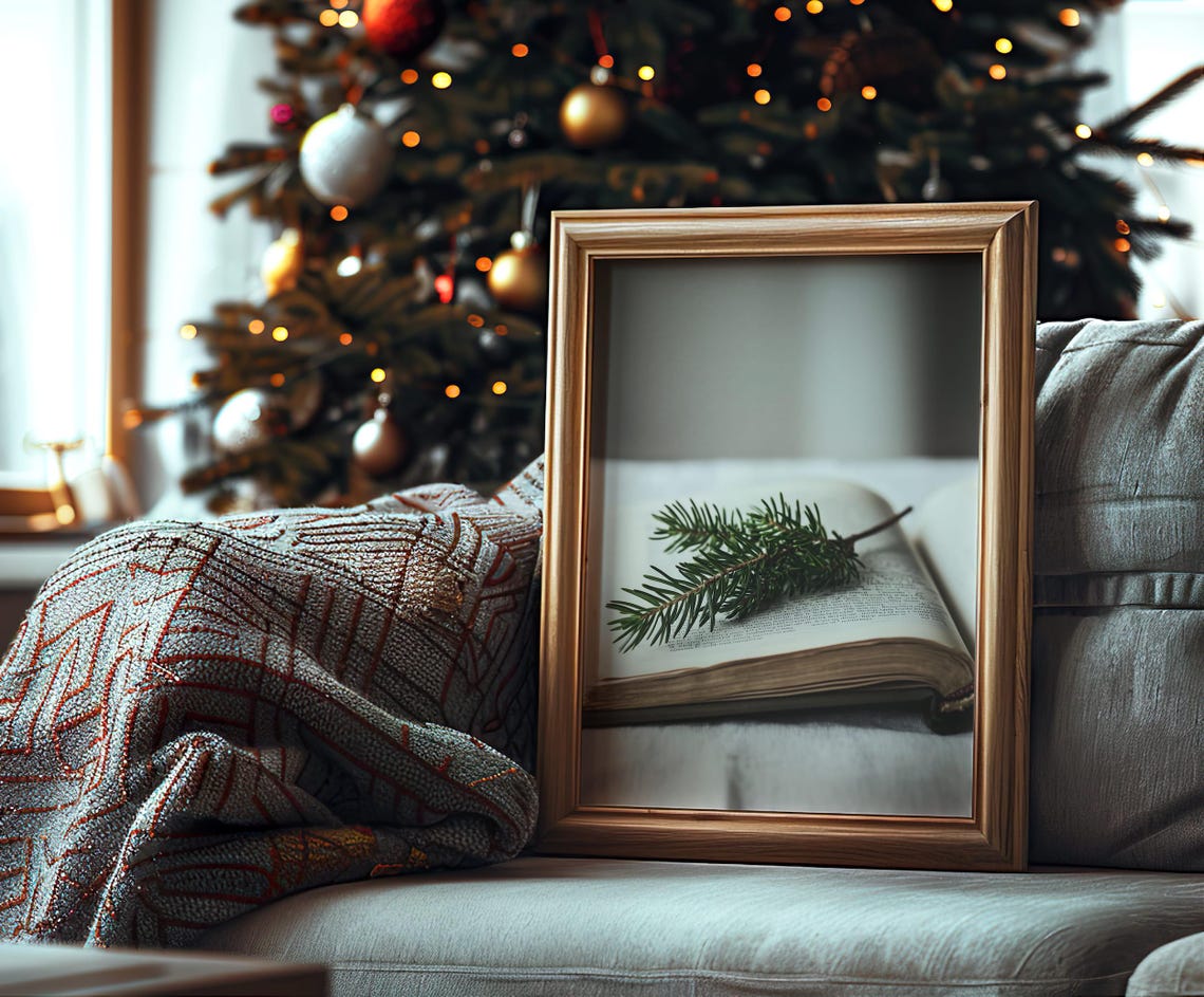 Evergreen Branch On Open Book Minimalist Winter Photo Poster - Image 5