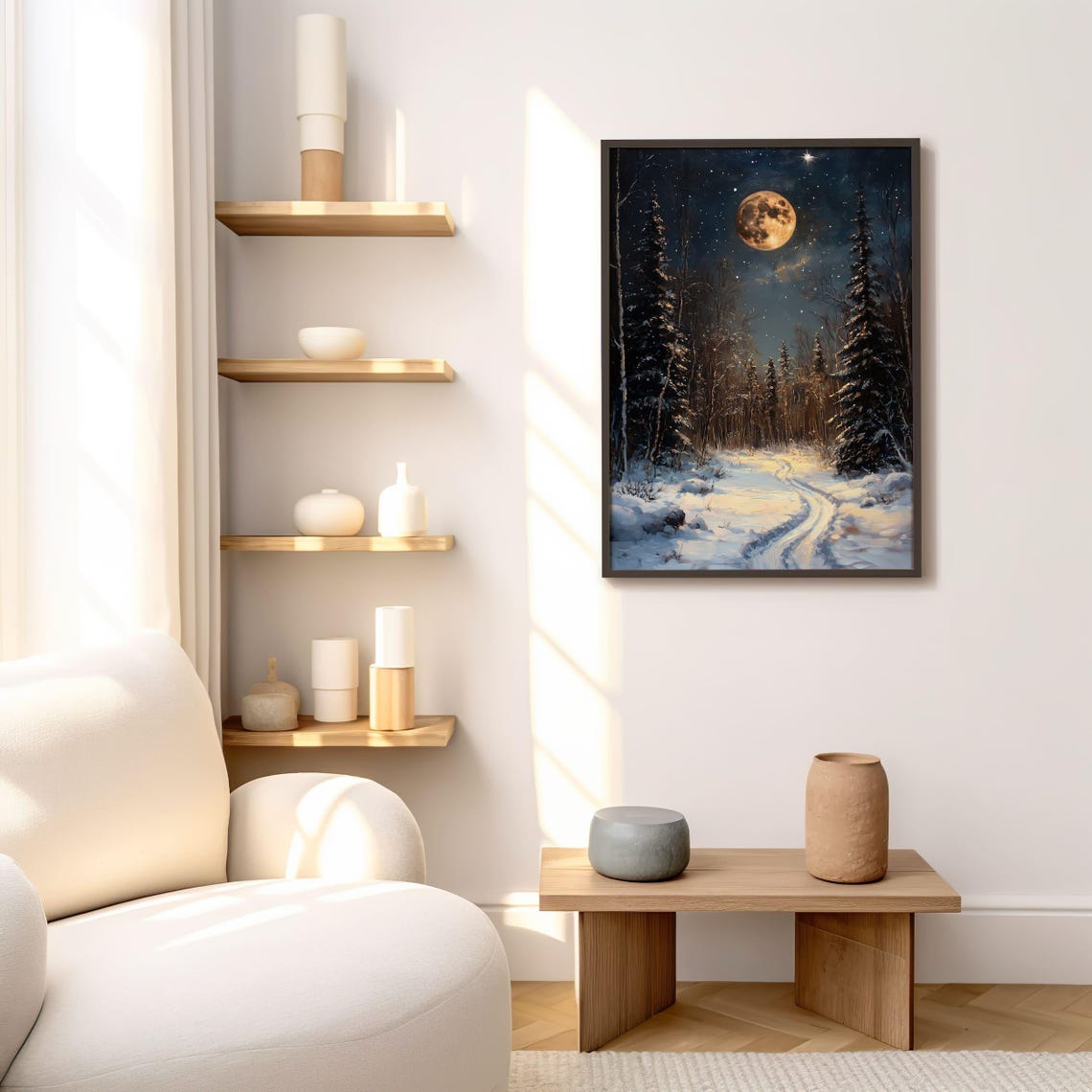Full Moon Over Snowy Forest Path Winter Night Landscape Poster - Image 5