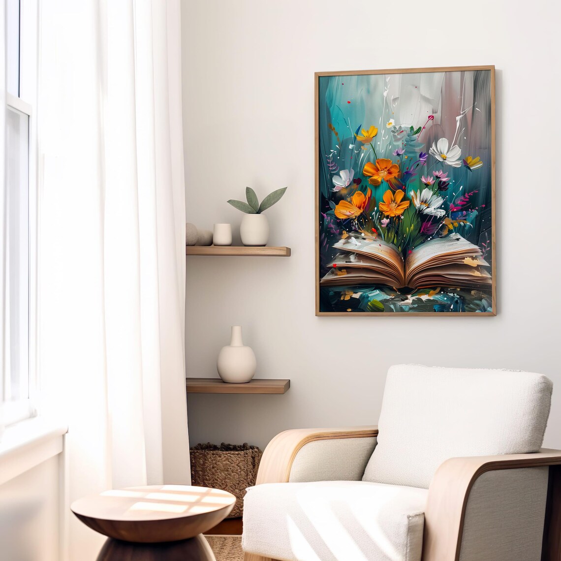 Wildflowers Blooming From Open Book Teal Floral Decor Art Poster - Image 4