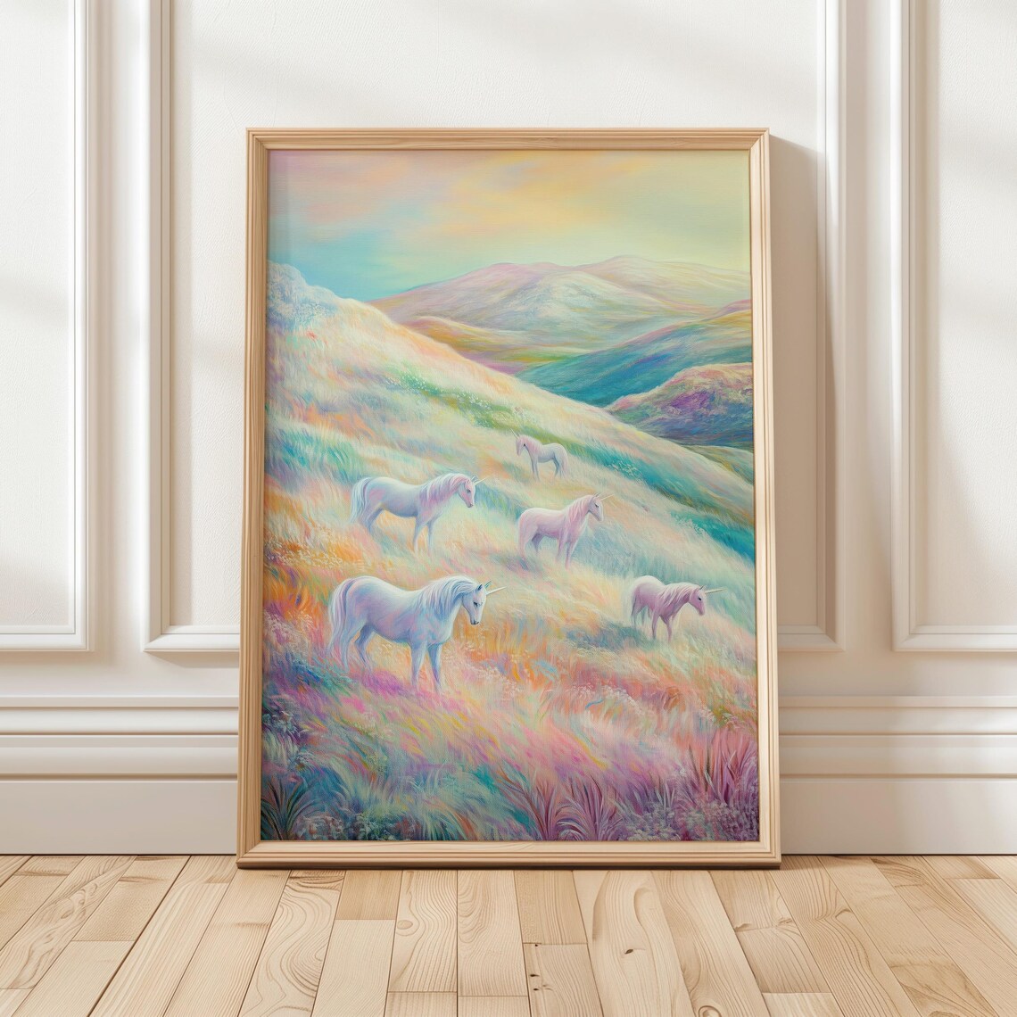 Pastel Unicorn Herd in Dreamy Rainbow Meadow Fantasy Landscape Poster