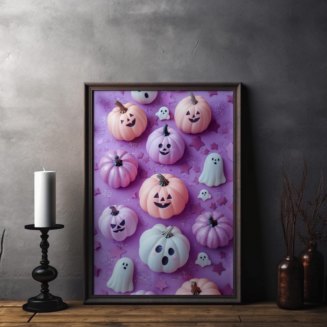 Pastel Purple Pumpkins Tiny Ghosts Halloween Flat Lay Style Wall Art - Image 3