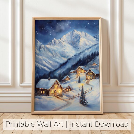 Christmas Alpine Village at Night with Decorated Tree and Cabins Poster
