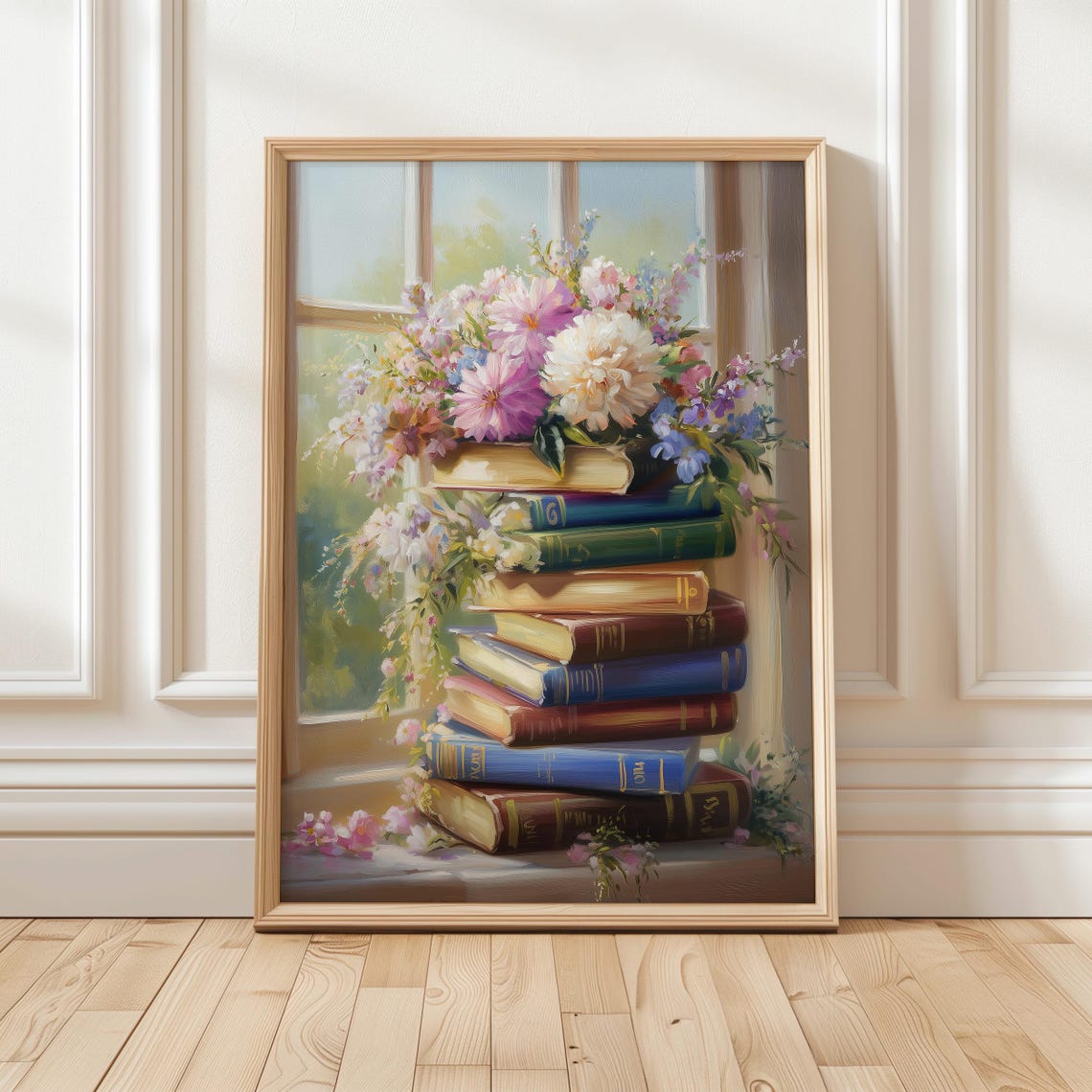 Floral Book Stack Watercolor Painting Library Reading Decor Poster