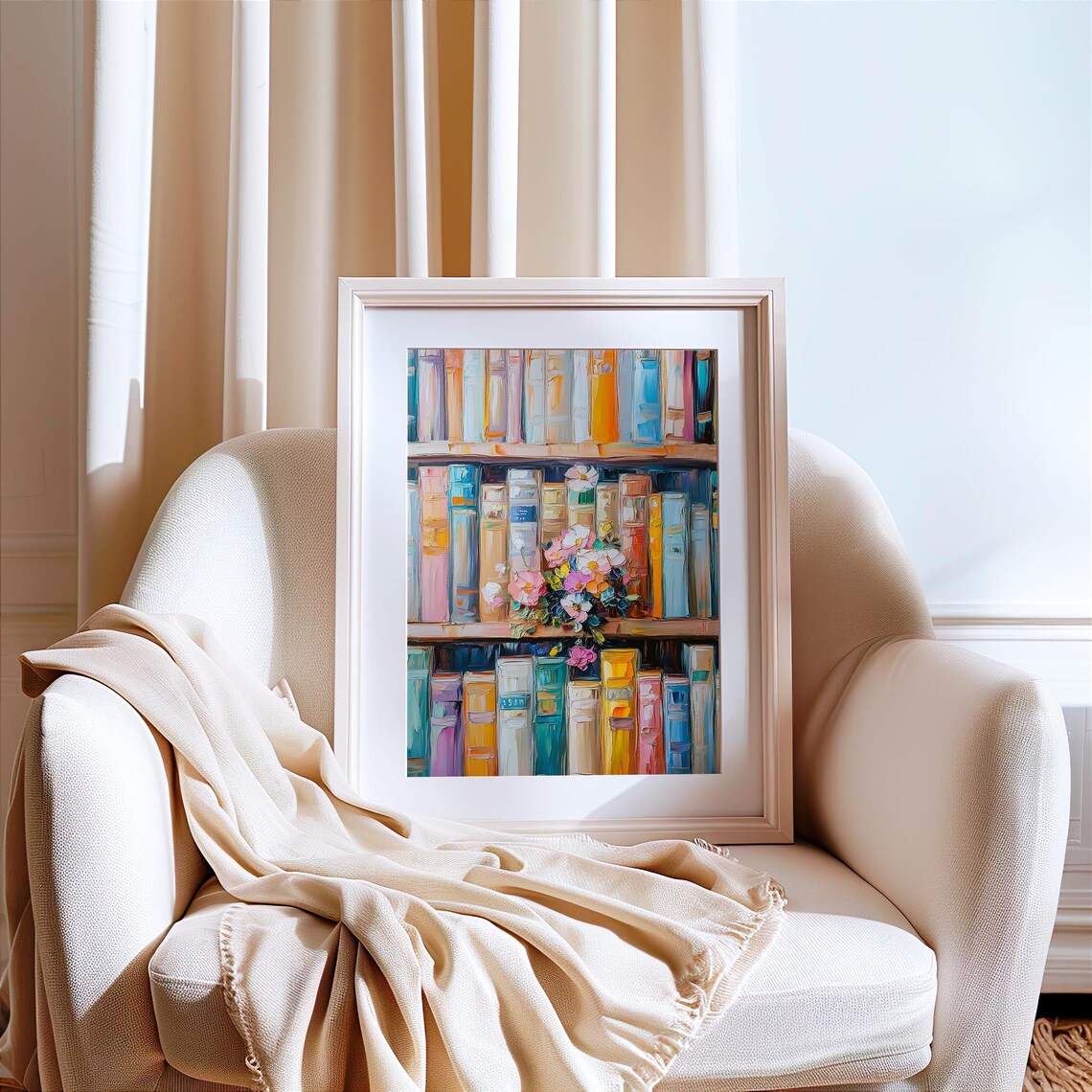 Colorful Book Shelf Art Print, Floral Library Decor - Image 2