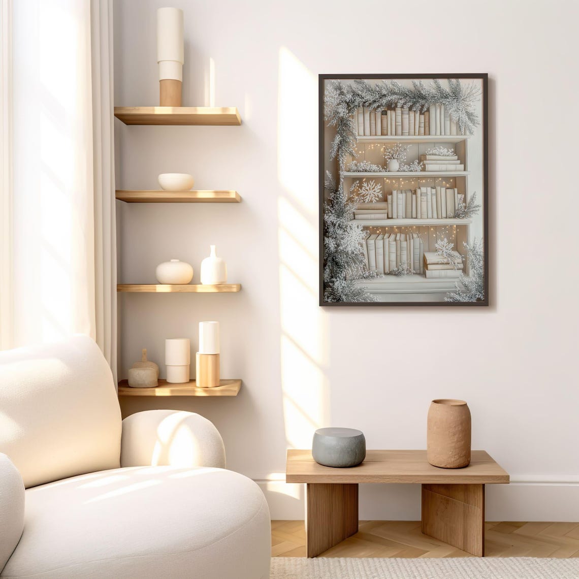 White Winter Bookshelf With Frosty Decor and Fairy Lights Poster - Image 3