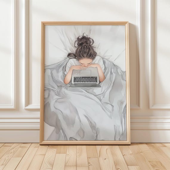 Cozy Woman With Laptop Art Minimalist Print For Home Office Relaxing Wall Art For Bedroom Decor Modern Workspace Printable