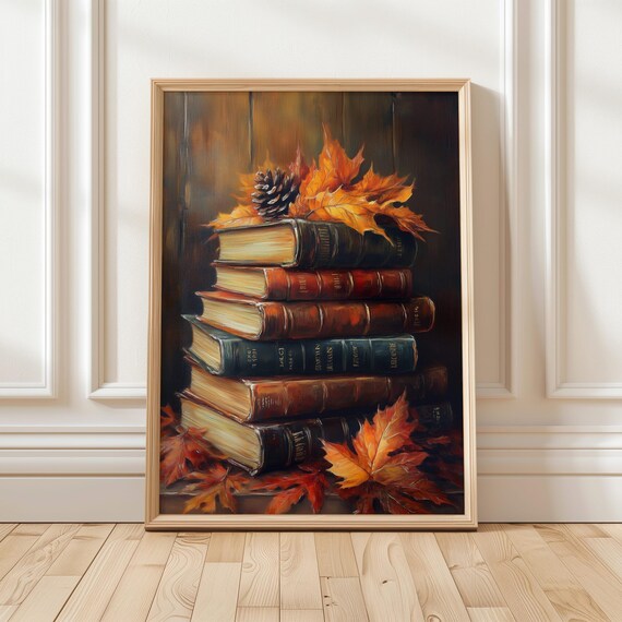 Vintage Autumn Book Stack Painting Fall Leaves Cozy Art Poster
