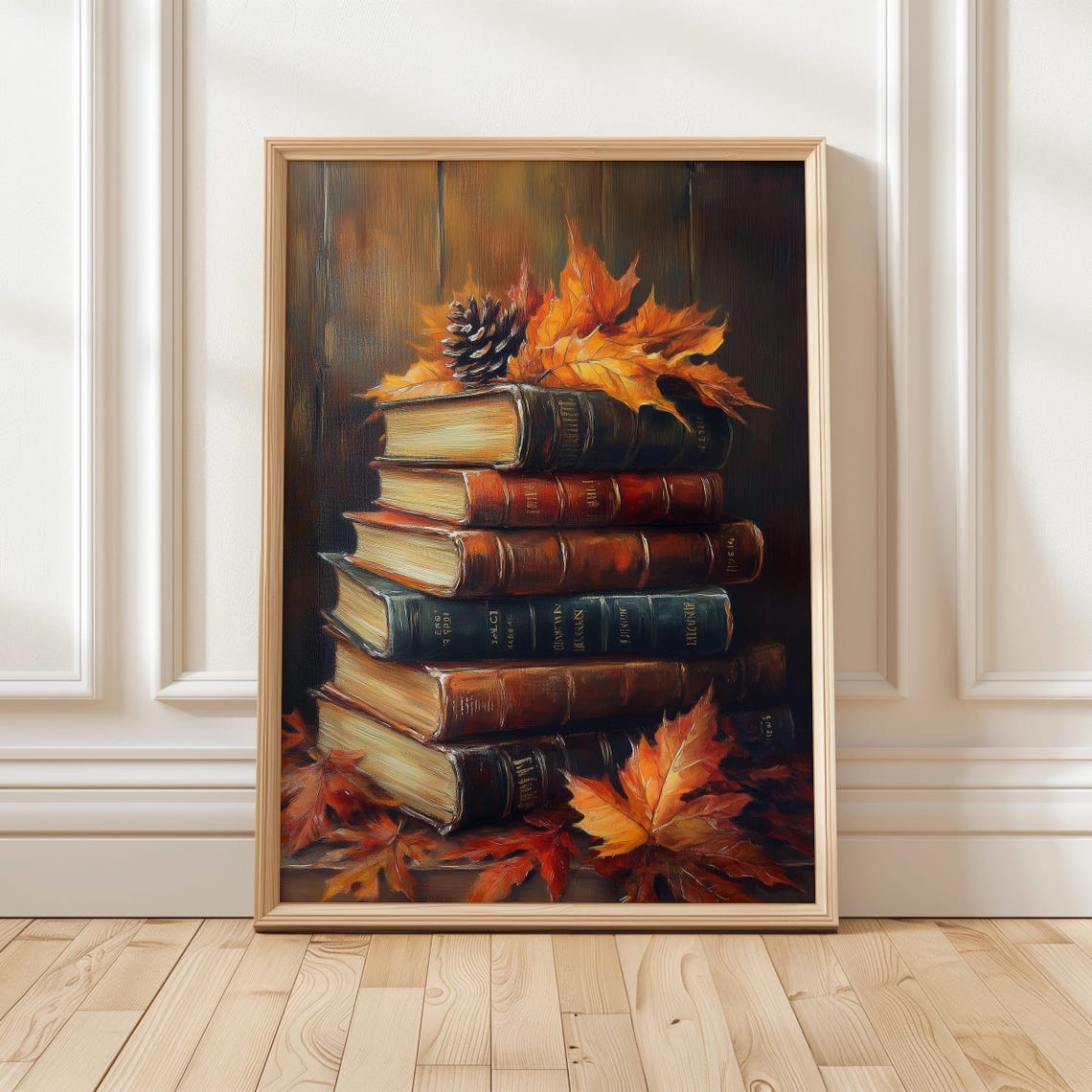Vintage Autumn Book Stack Painting Fall Leaves Cozy Art Poster
