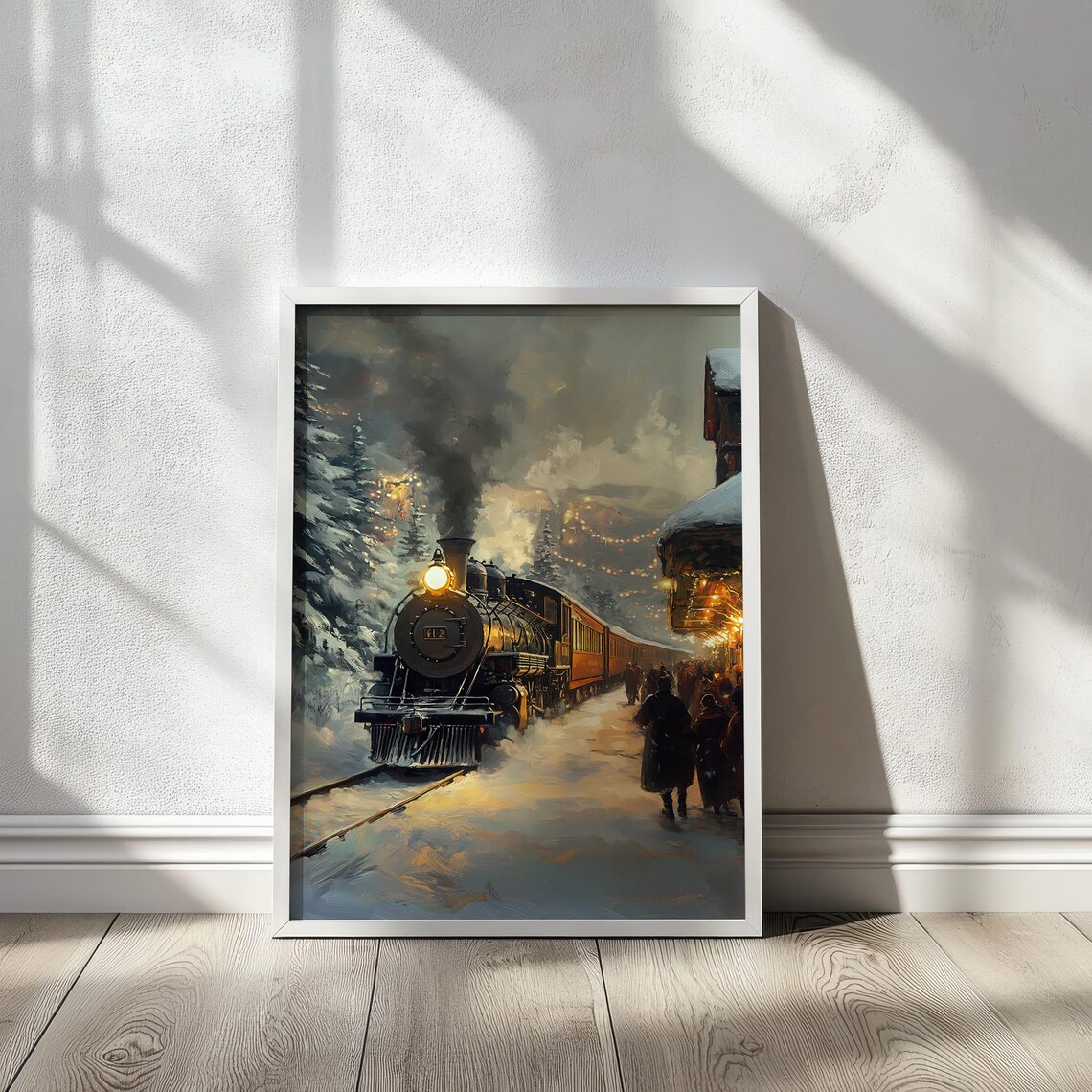 Vintage Steam Locomotive Number 12 Snowy Station Night Poster - Image 3
