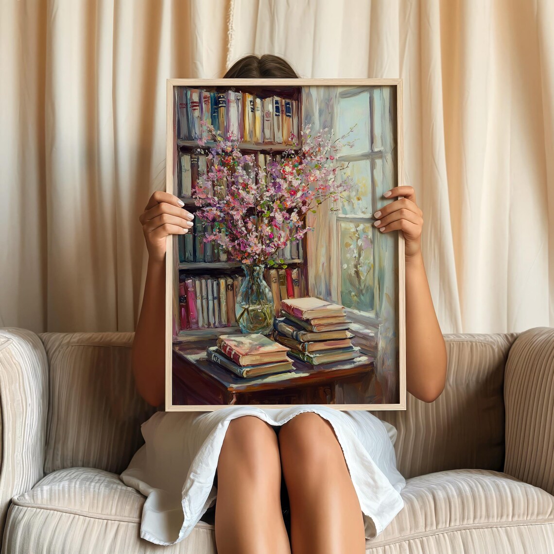 Vintage Bookshelf With Pink Blossoms By Sunlit Window Poster - Image 2