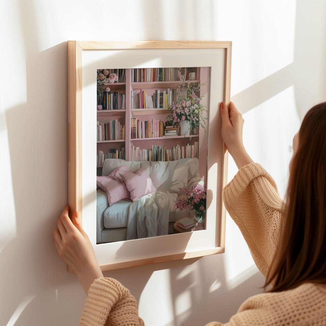 Cozy Pink Reading Nook Bookshelf Floral Book Lover Cozy Decor Wall Art - Image 7