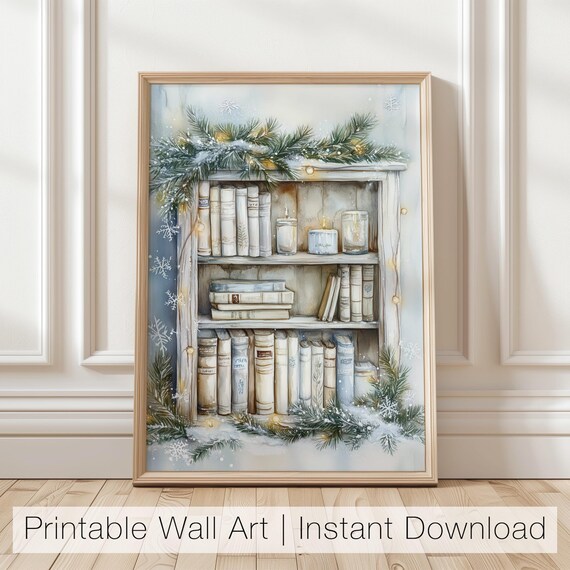 Christmas Bookshelf With Pine Garland Candles and Fairy Lights Poster