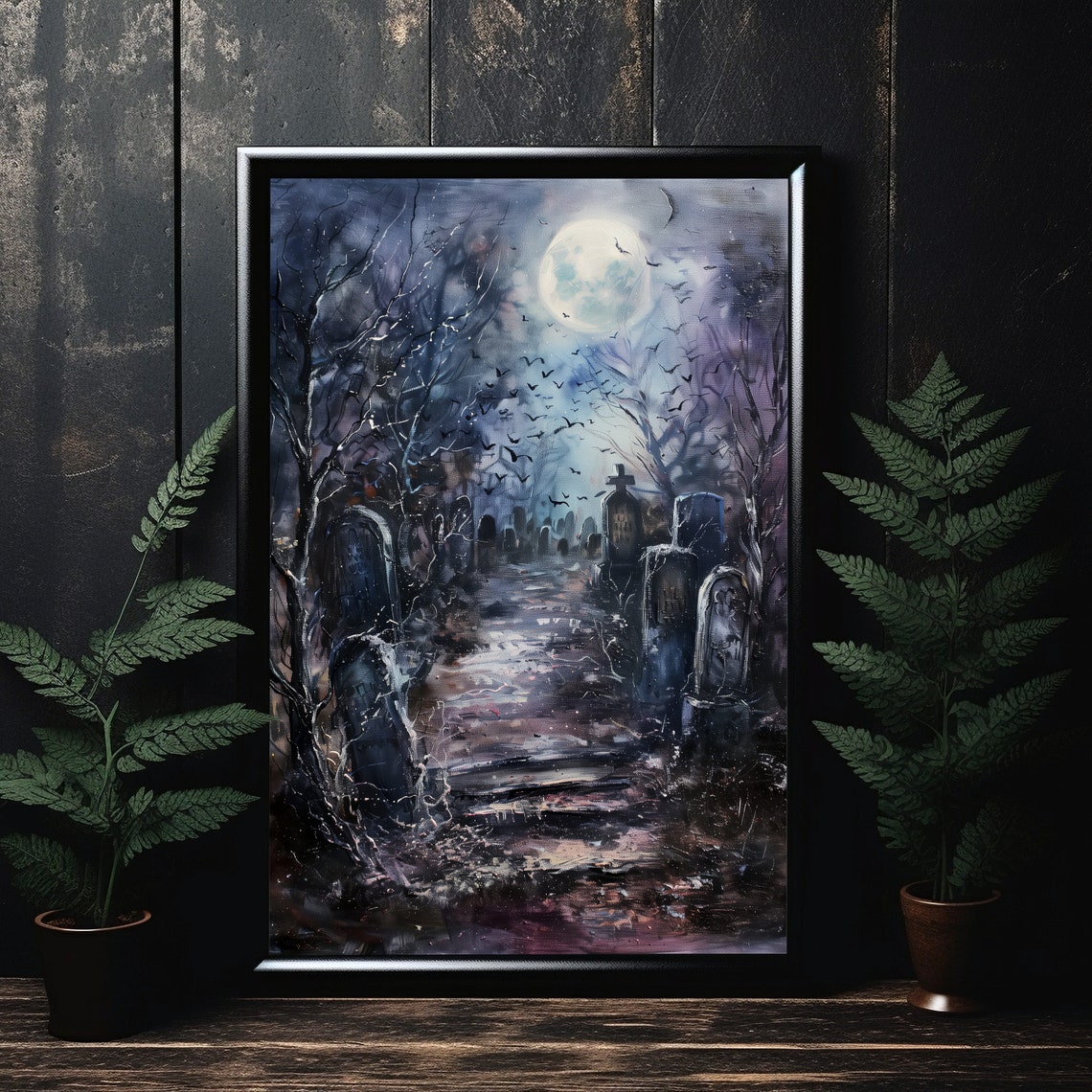 Haunted Cemetery Full Moon Bats Spooky Night Painting Art Poster - Image 3