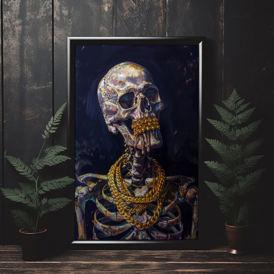 Colorful Painted Skeleton With Gold Chains Dark Fantasy Art Poster - Image 4