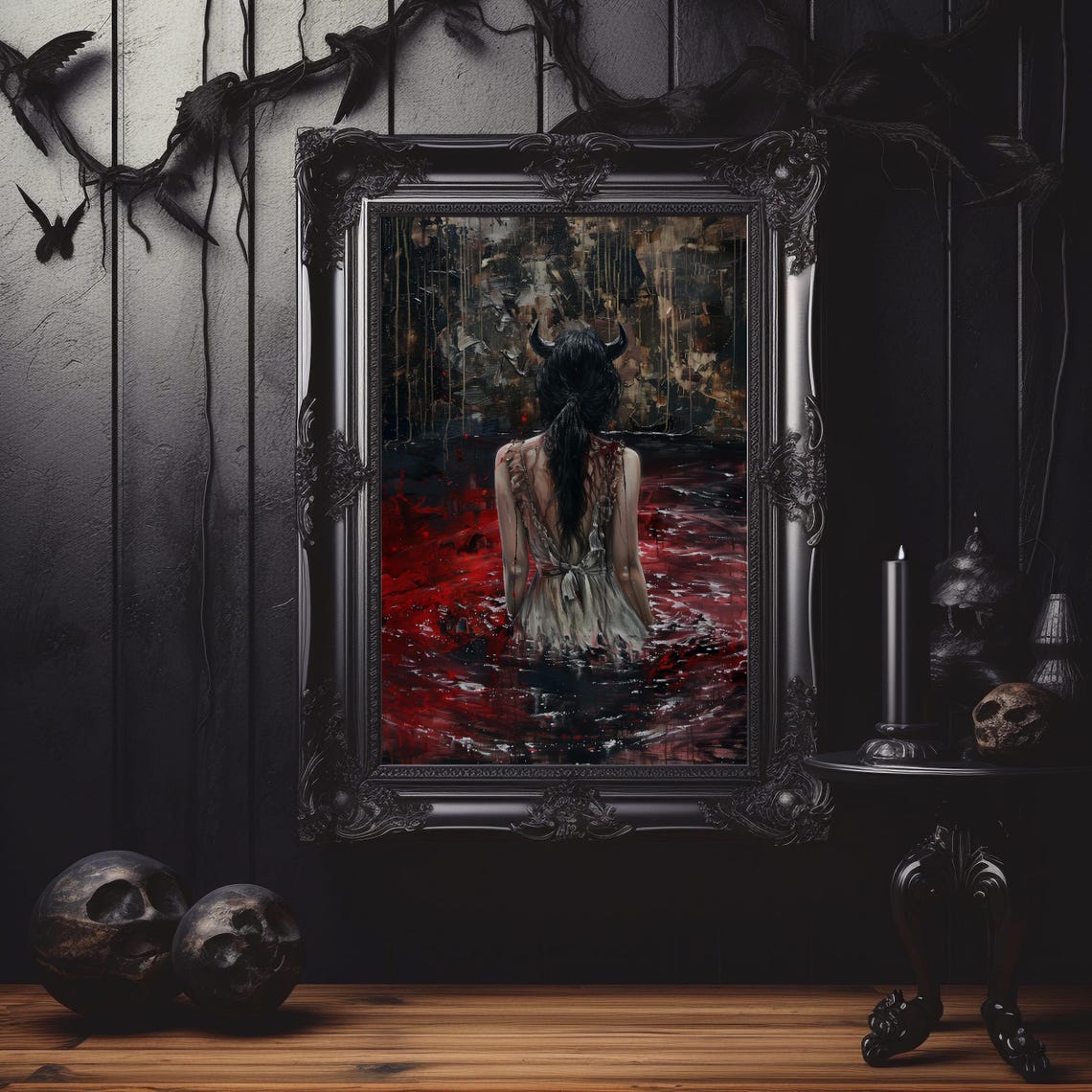 Horned Demon Woman Dark Waters Gothic Fantasy Portrait Art Poster - Image 2
