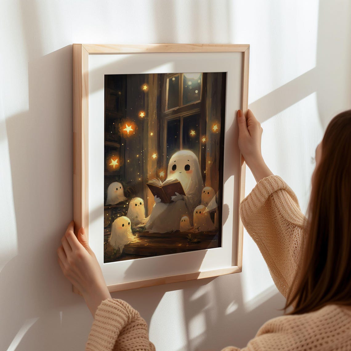 Cute Ghosts Reading a Book Together by the Window Halloween Poster - Image 6