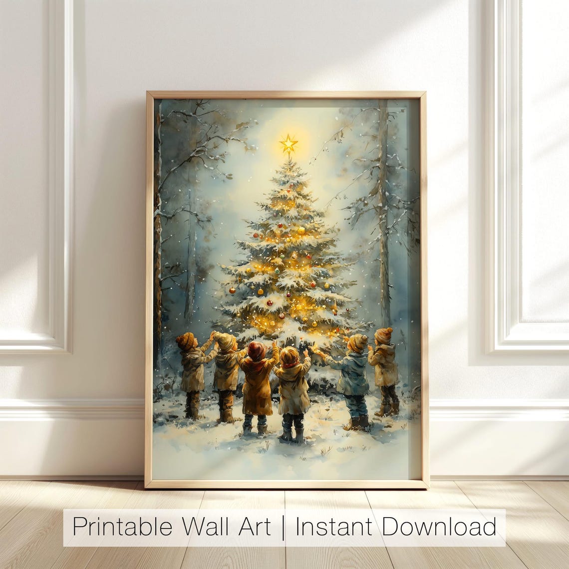 Six Children Around Glowing Christmas Tree Snowy Woods Poster