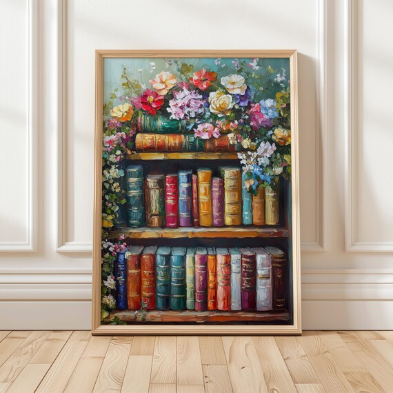 Vintage Bookshelf With Antique Books And Fresh Flowers Poster