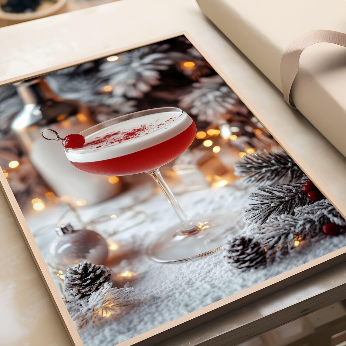 Red Holiday Cocktail in Coupe Glass with Snowy Pine Winter Bar Poster - Image 4