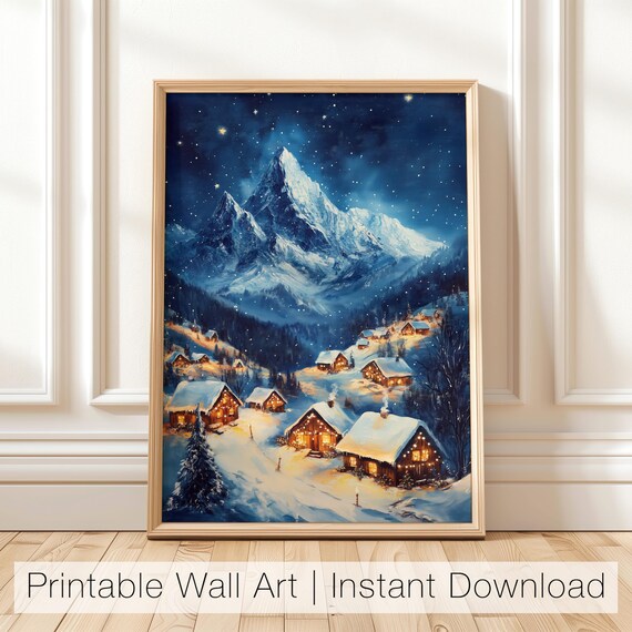Starry Night Snowy Village Beneath Towering Mountain Peaks Poster